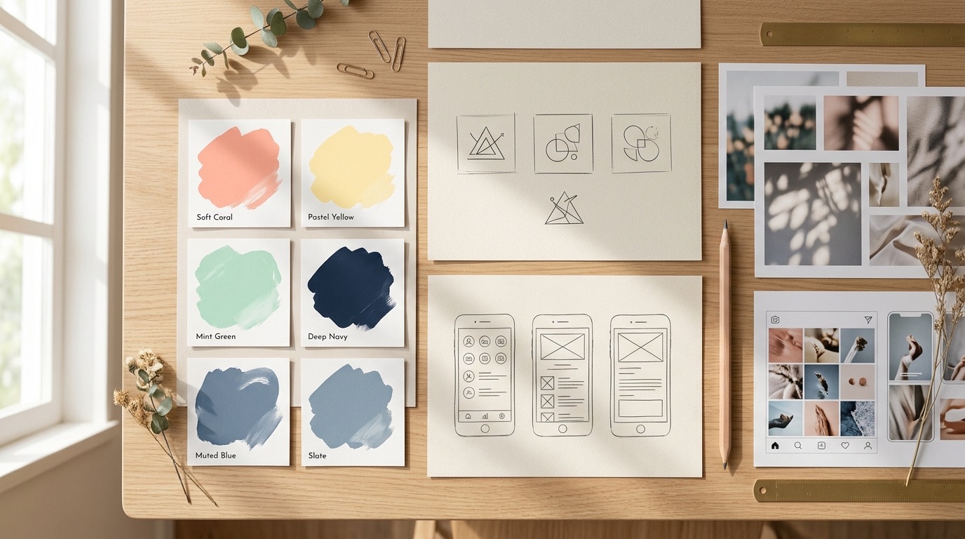 Illustration of a brand board with colours and templates